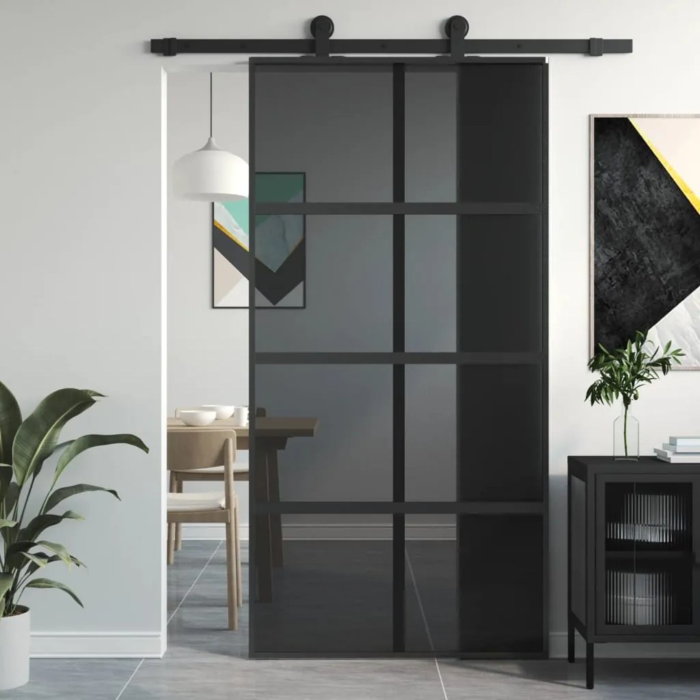 Porta Scorrevole Nera 102,5x205 Cm Vetro Temperato E Alluminio /