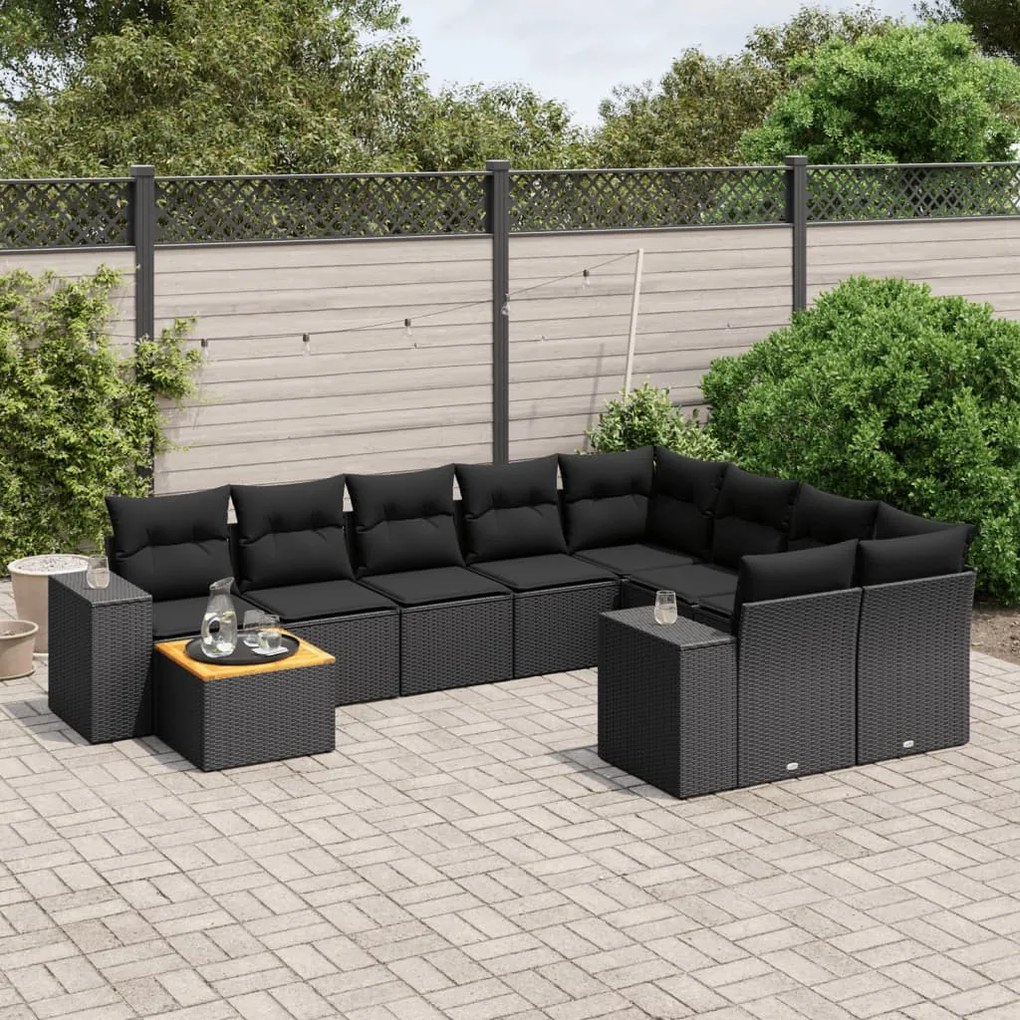 Set divani da giardino 10pz con cuscini in polyrattan nero