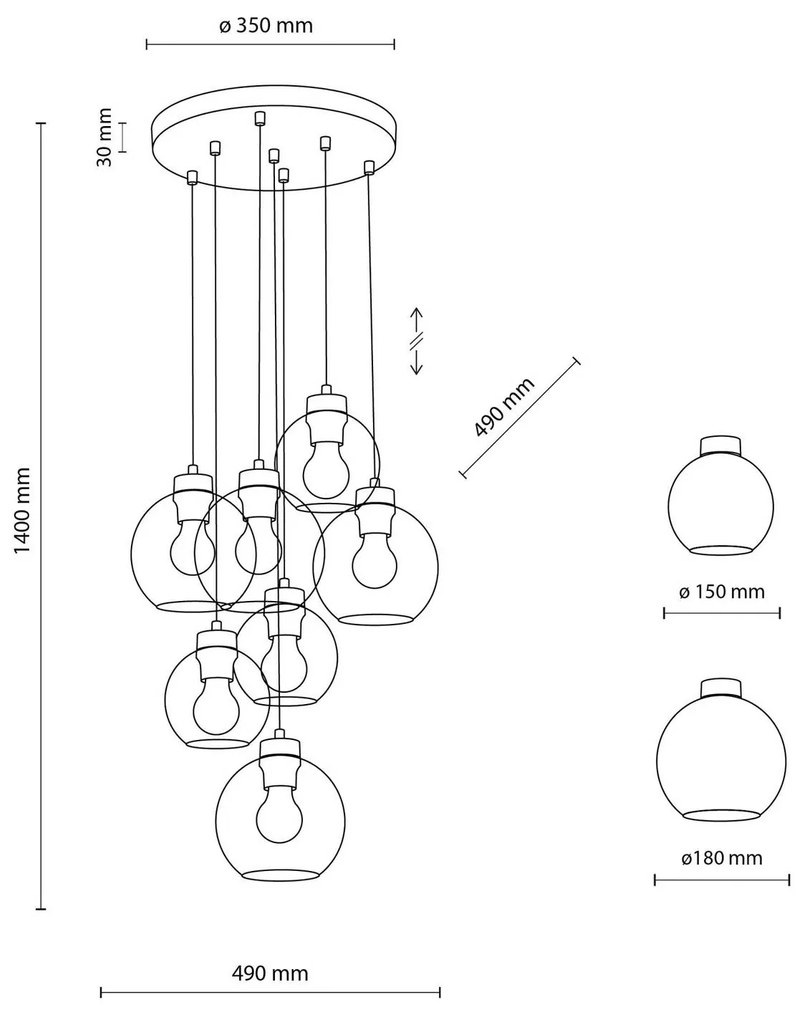 TK Lighting Lampada a sospensione Cubus Mix, Ø 49 cm, a 7 luci, multicolore, vetro, E27