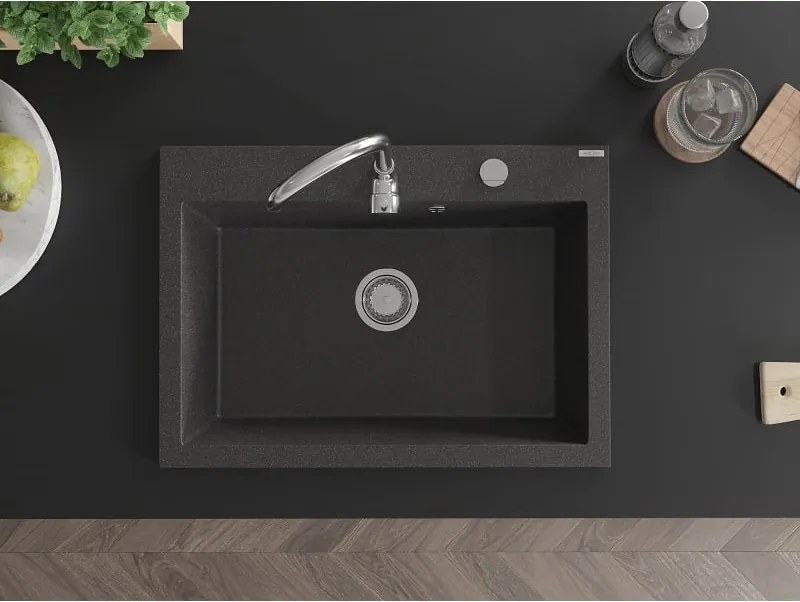 Mexen Elix lavello da cucina in granito 1-vasca 700 x 500 mm, nero maculato, sifone cromato - 6526701005-76