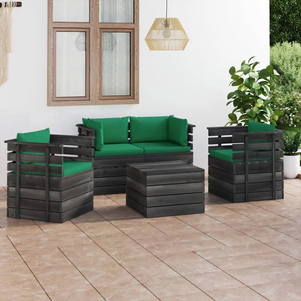 Set divani da giardino su pallet 5 pz con cuscini massello pino