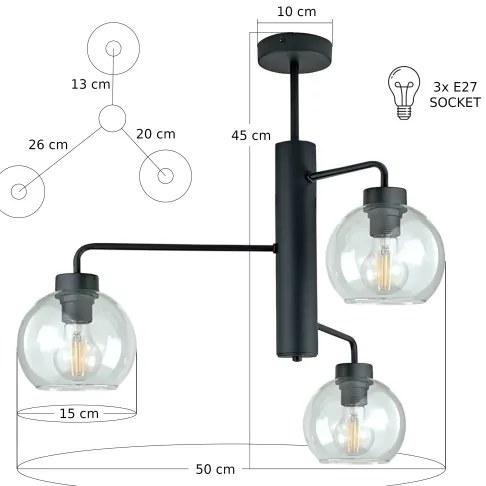 Lampadario a sospensione con supporto rigido FLEX 3xE27/60W/230V nero/limpido