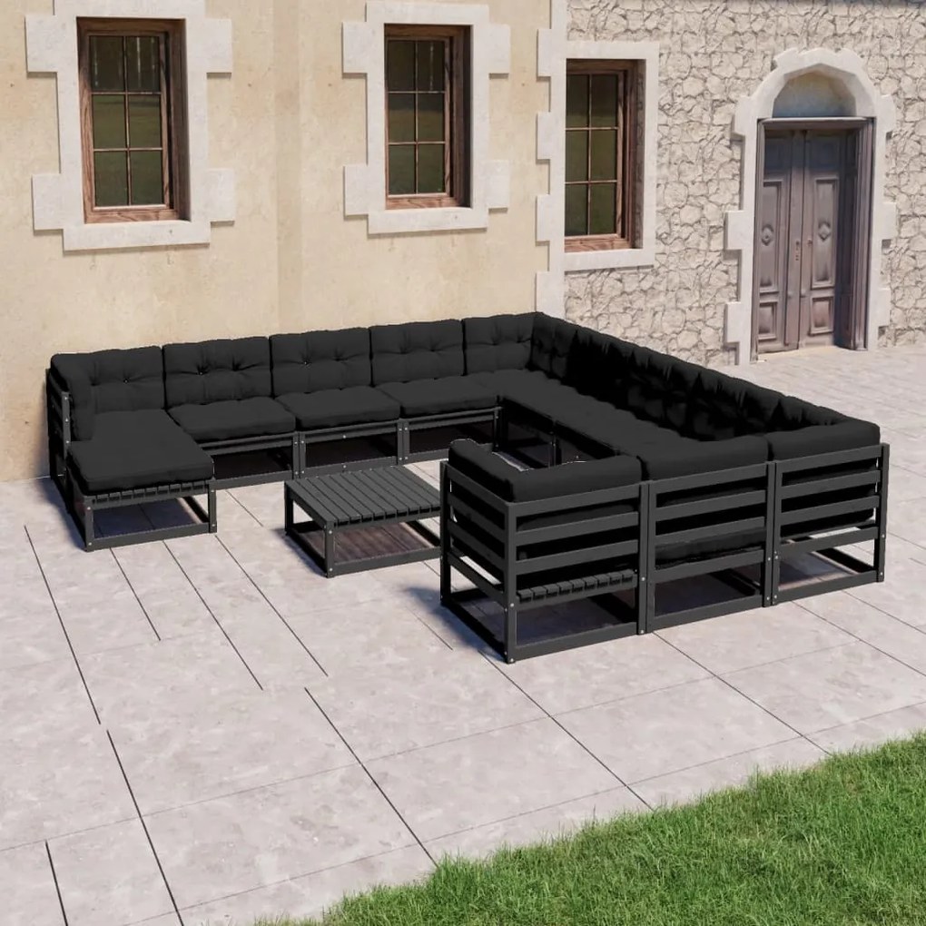 Set divani da giardino 13 pz con cuscini massello di pino nero