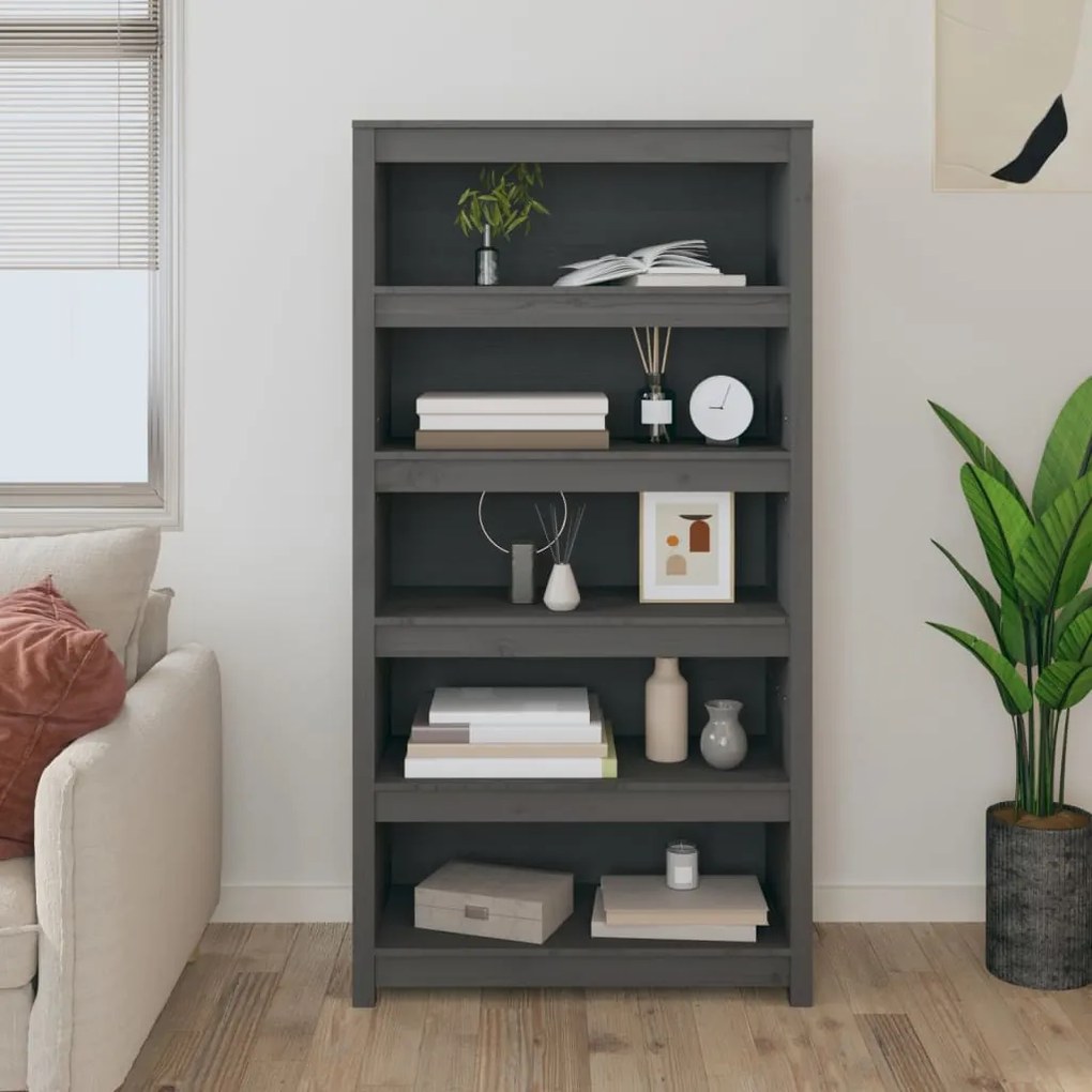 Libreria Grigia 80x35x154 Cm İn Legno Massello Di Pino /