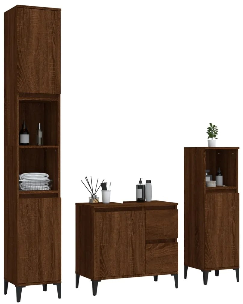 Set mobili da bagno 3 pz rovere marrone in legno multistrato