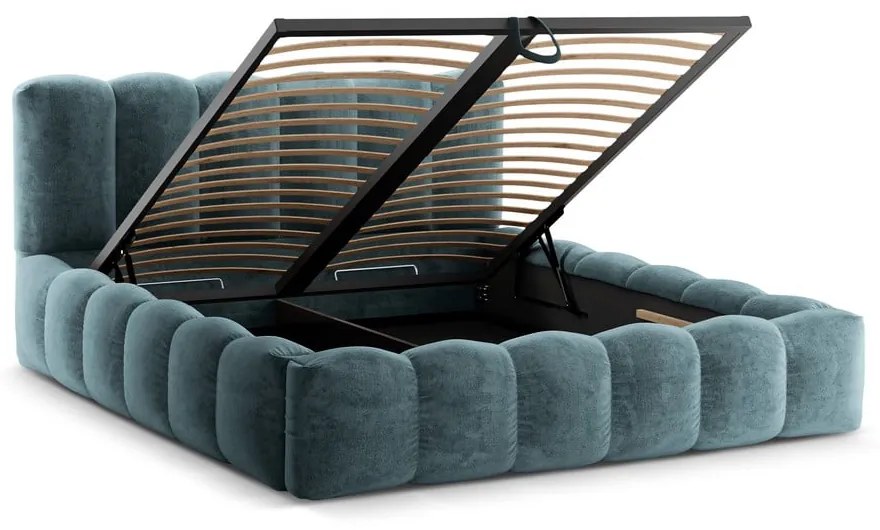 Letto matrimoniale imbottito blu con spazio contenitivo e rete 160x200 cm Lupine - Micadoni Home