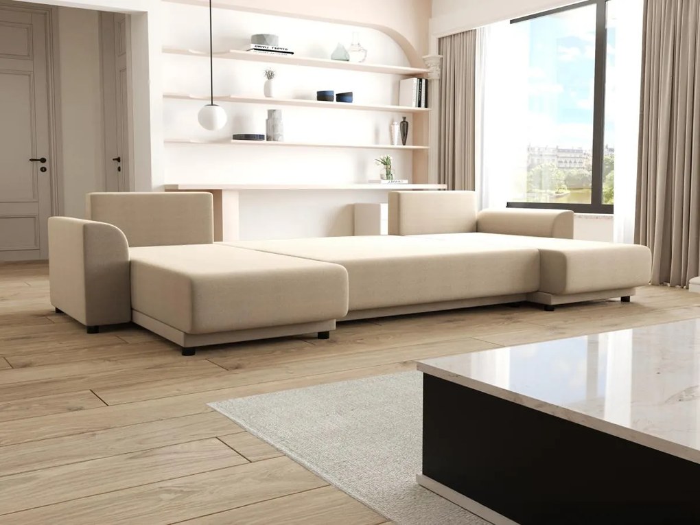 Divano letto angolo a panoramico in Tessuto Beige - NESSARO