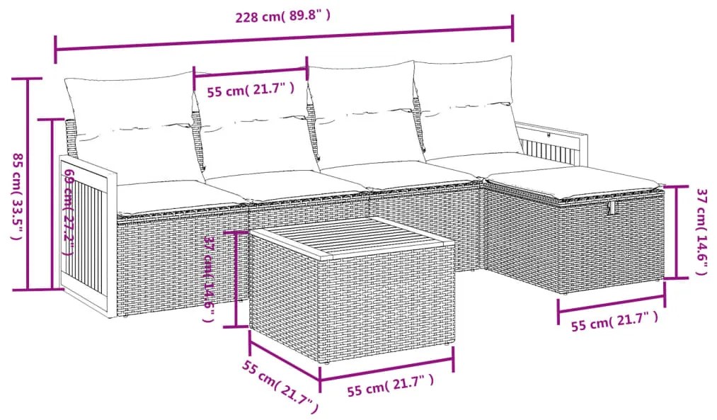 Set divano da giardino 6 pz con cuscini beige misto polyrattan