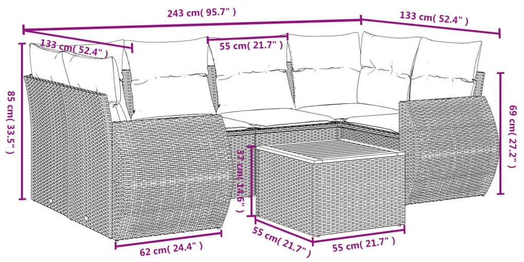 Set divani da giardino con cuscini 7pz nero polyrattan