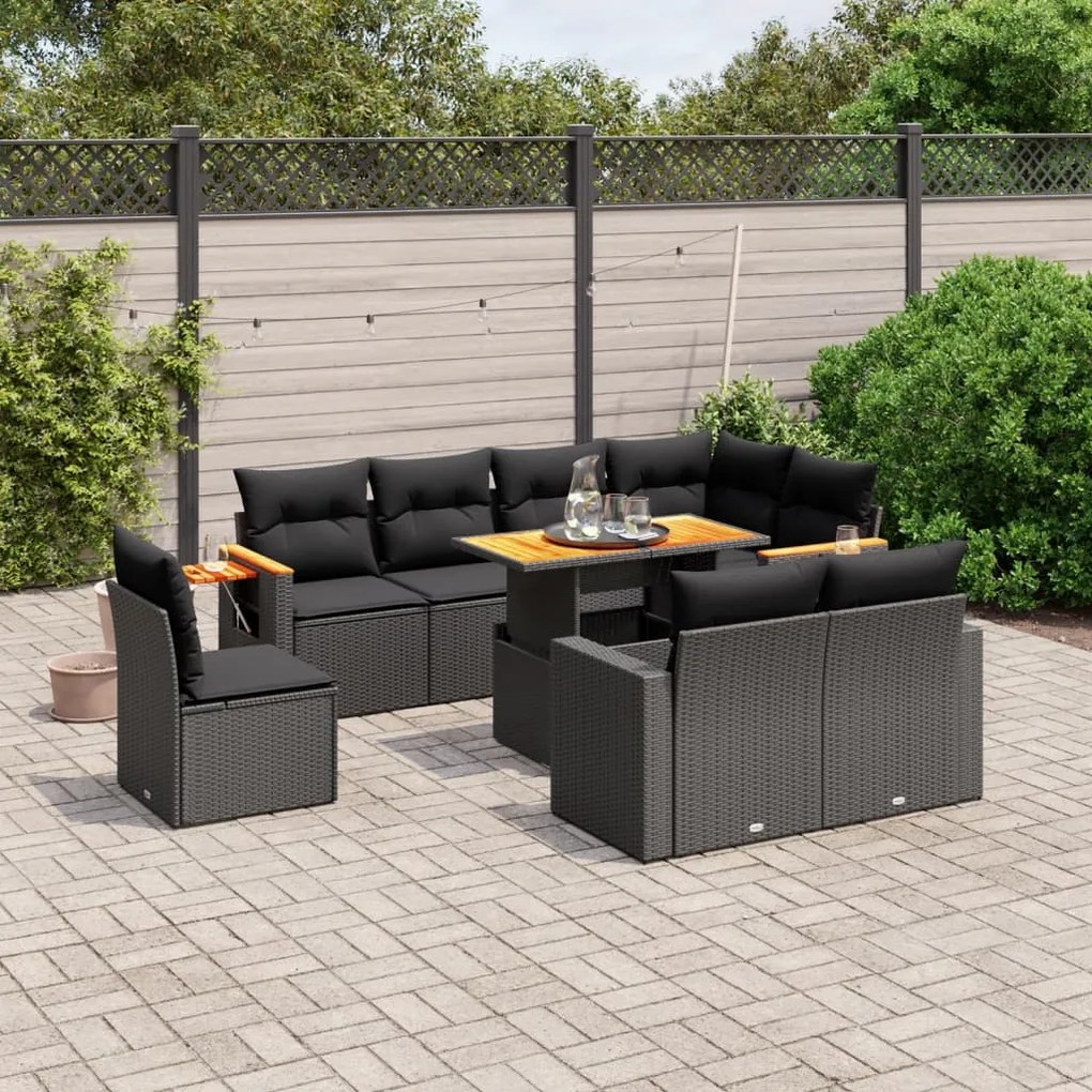 Set Divani da Giardino 9 pz con Cuscini Nero in Polyrattan