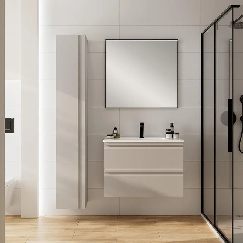 Mobile da bagno sospeso Pull taupe con lavabo in ceramica bianco vasca centrale base con 3 cassetti a chiusura ammortizzata (estrazione parziale), con presa maniglia L81 H57 P46.5 cm