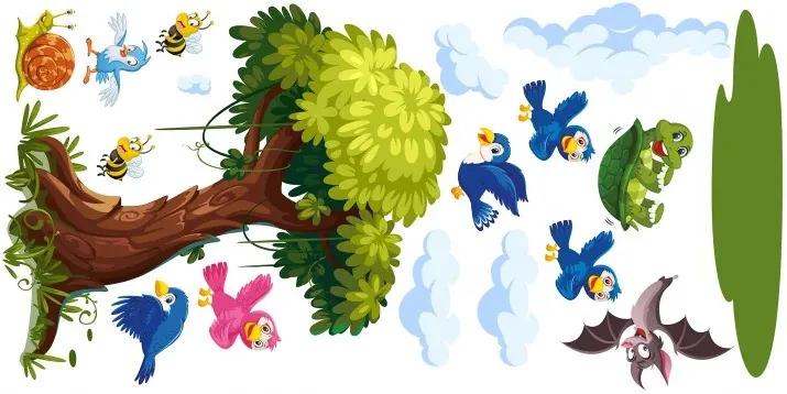Adesivo murale per bambini albero e uccelli felici 50 x 100 cm