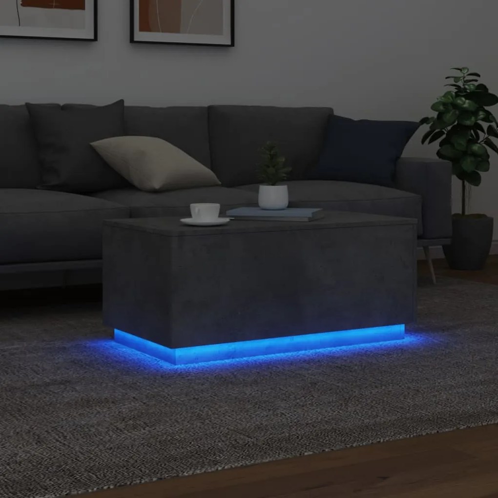 Tavolino da soggiorno con luci led grigio cemento 90x50x40 cm