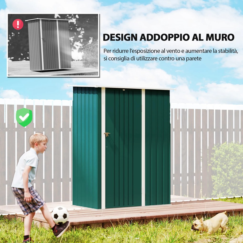 Capanno Porta Attrezzi 142x86x189 cm con Tetto Inclinato e Porta Bloccabile in Metallo Verde...