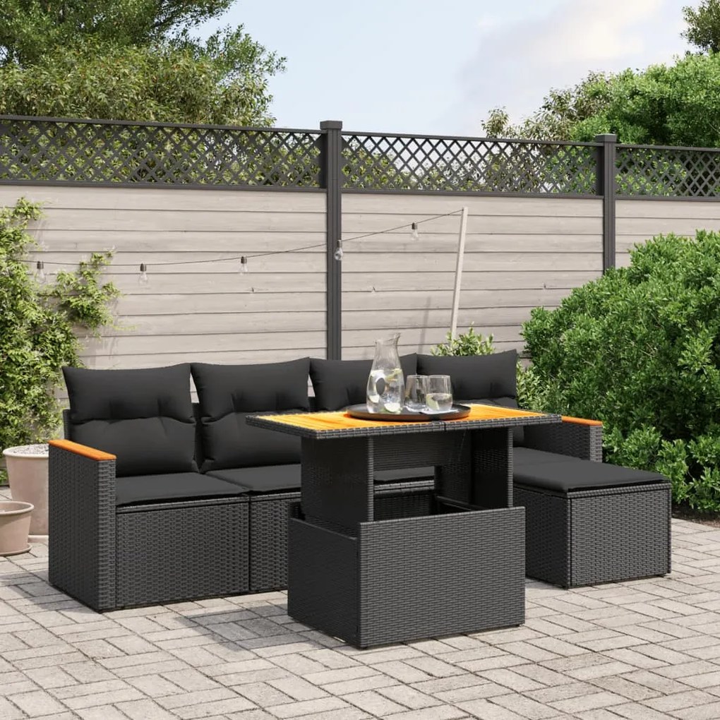 Set divano da giardino 6 pz con cuscini nero in polyrattan