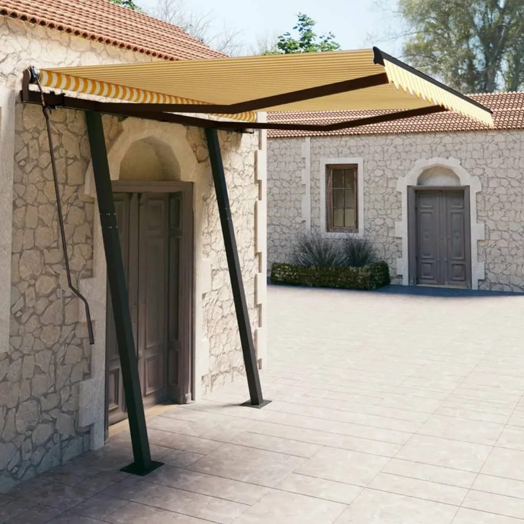 Tenda Sole Retrattile Manuale con Pali 3,5x2,5m Gialla Bianca