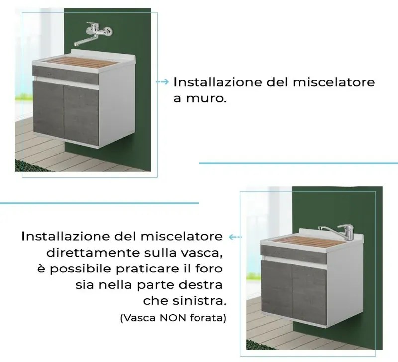 Mobile lavatoio sospeso 60 cm cemento completo di vasca e asse lavapanni