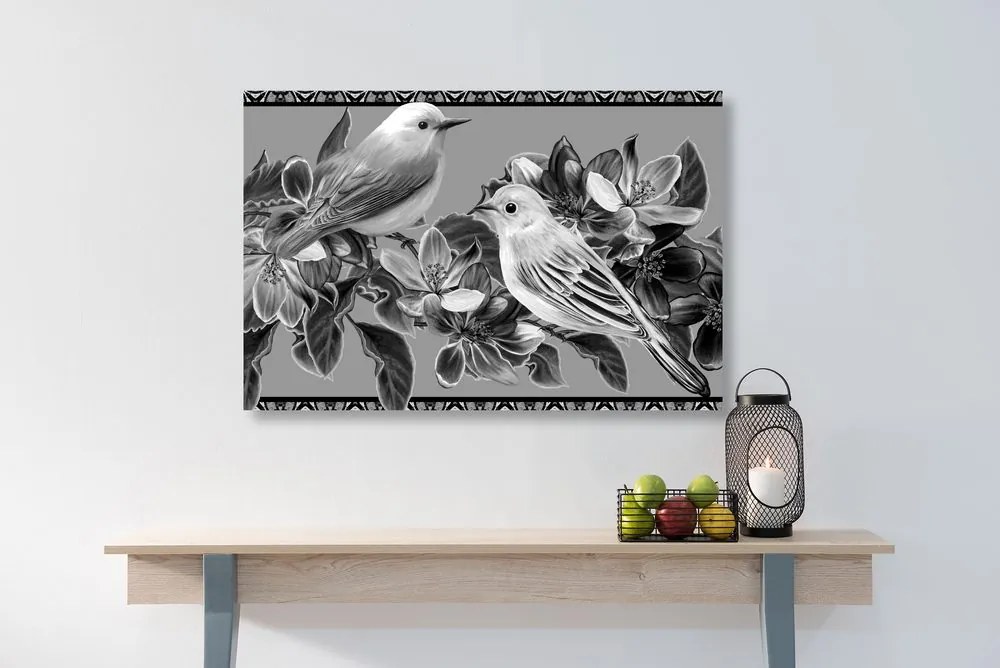 Stampa su tela – Uccellini e fiori in bianco e nero in versione vintage