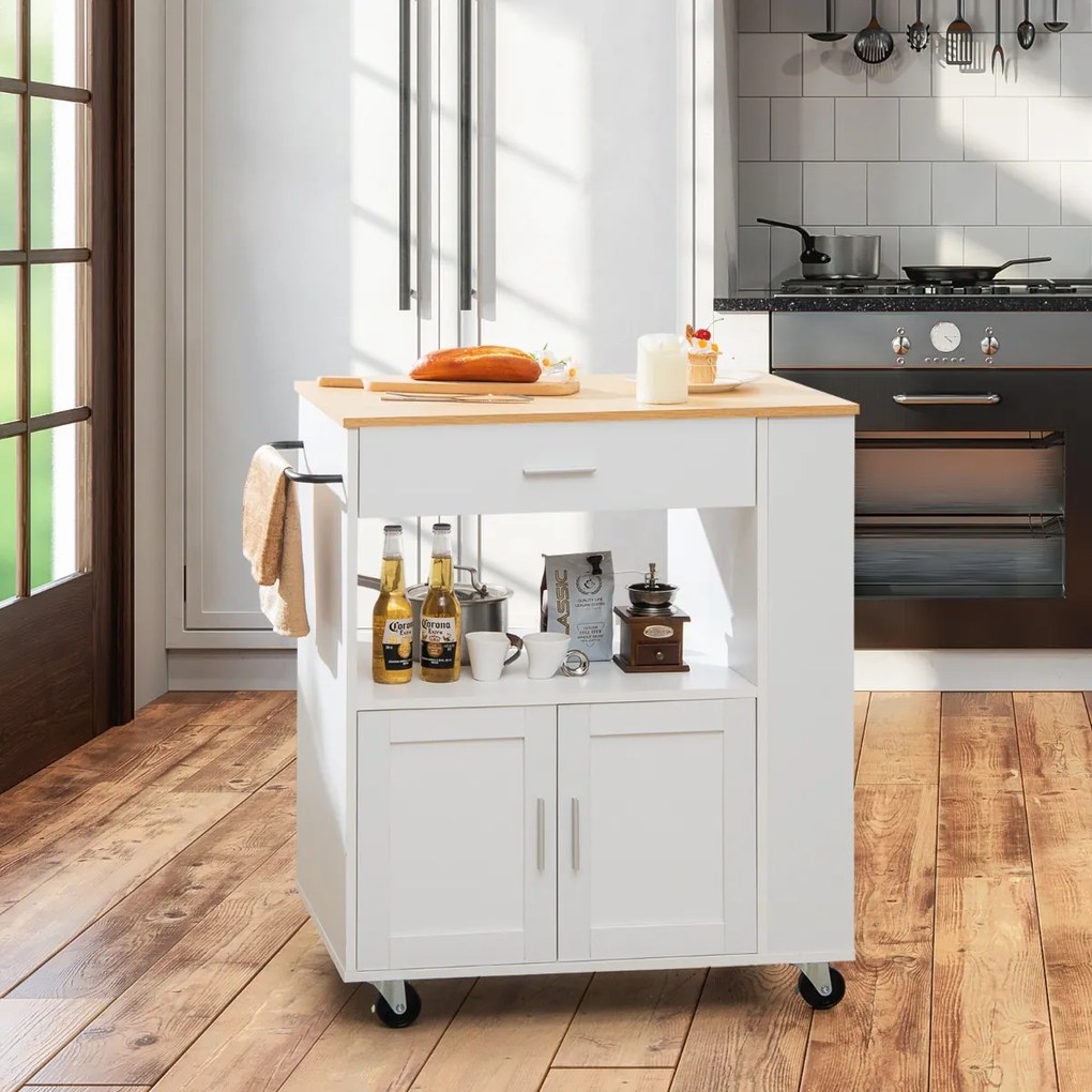Costway Isola da cucina su ruote con portaspezie cassetto grande armadietto a 2 porte, Carrello da cucina rotante 2 Colori