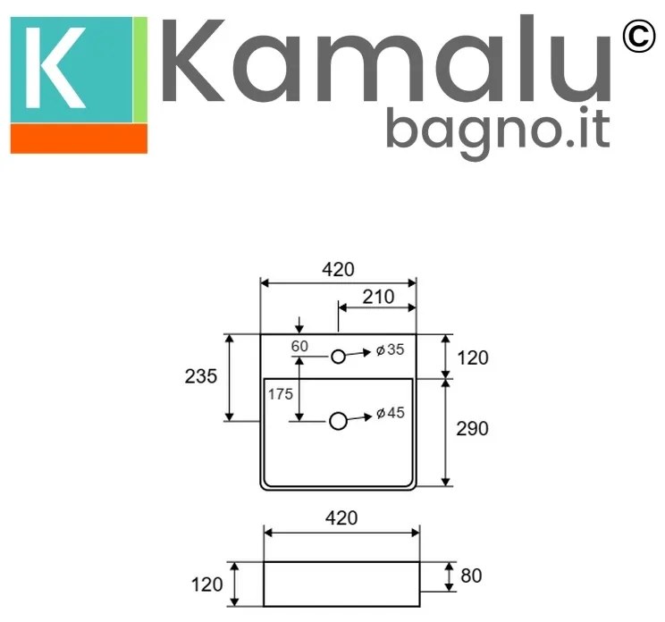 Kamalu - Lavabo da appoggio quadrato 42cm in ceramica bianca |Litos-0007