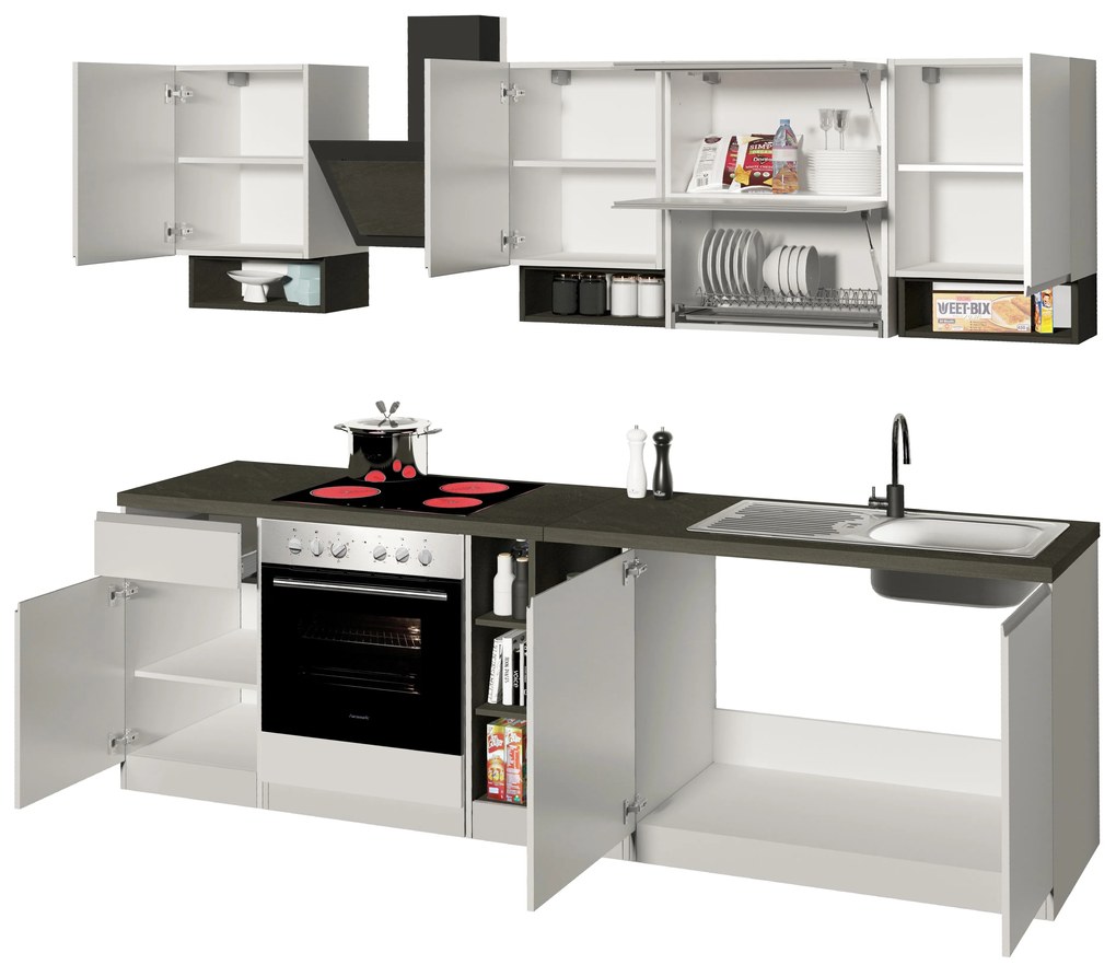 Cucina Lineare SOLE 256 cm - Bianco e Report, Design Moderno Made in Italy