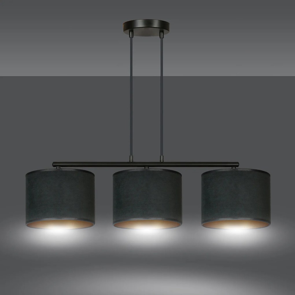 Lampadario 3 Luci Ganesha In Acciaio Nero E Paralumi In Tessuto Nero