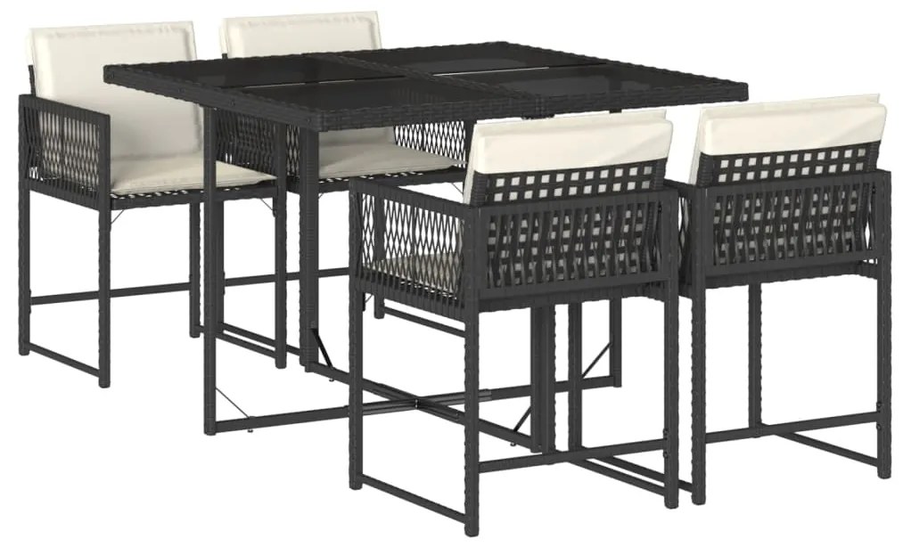 Set da pranzo da giardino 5 pz nero con cuscini in polyrattan