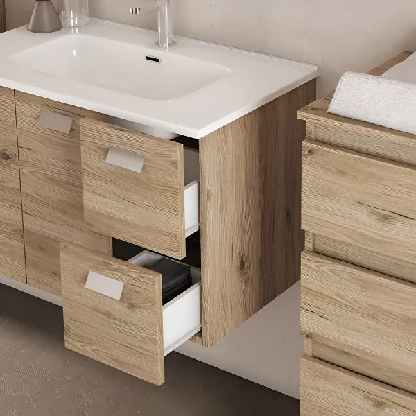 Mobile bagno sospeso 82 cm base 2 ante e 2 cassetti con lavabo ANGELA2 Quercia Naturale