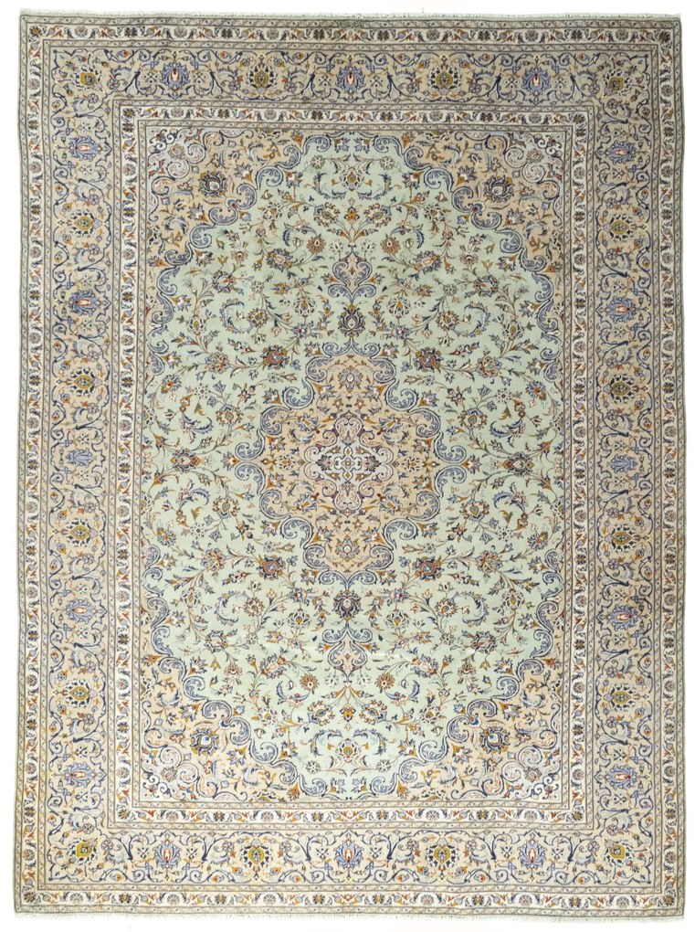 Kashan Tappeto 400x300 Verde (Iran) Annodato A Mano
