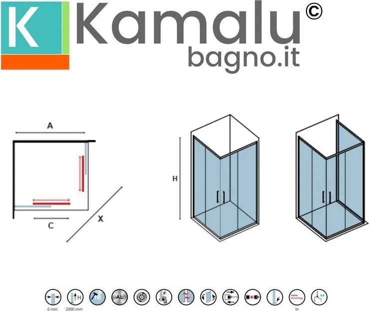 Kamalu - Box doccia 80x80cm angolare porte scorrevoli finitura oro| KLA1000R