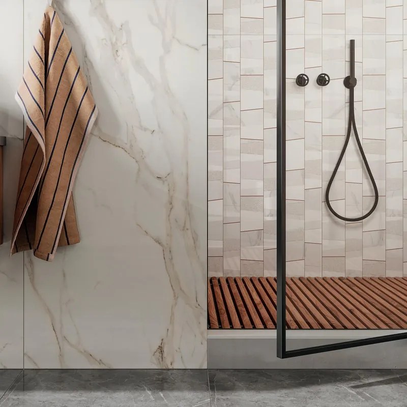 Piastrella da rivestimento interno 60 x 120 cm Sp. 9 mm rettificato Marble Vision in gres naturale smaltato lucido bianco dorato traffico medio (pei 2/5) 0.72 mq