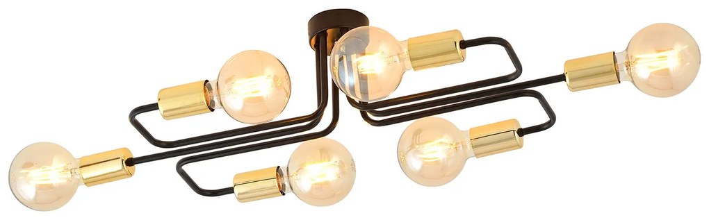Plafoniera Industriale 6 Luci Diomede In Acciao Nero E Rame A Bracci