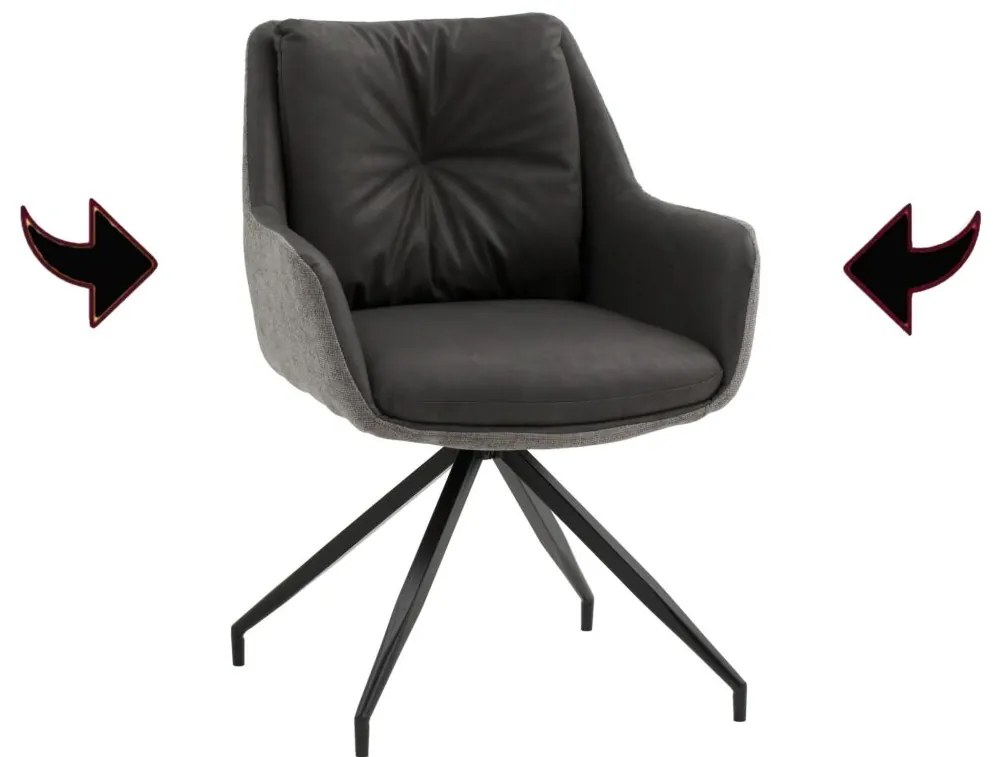 Set di poltroncine girevoli WATSON in similpelle antracite, tessuto grigio e gambe in metallo nero, con braccioli