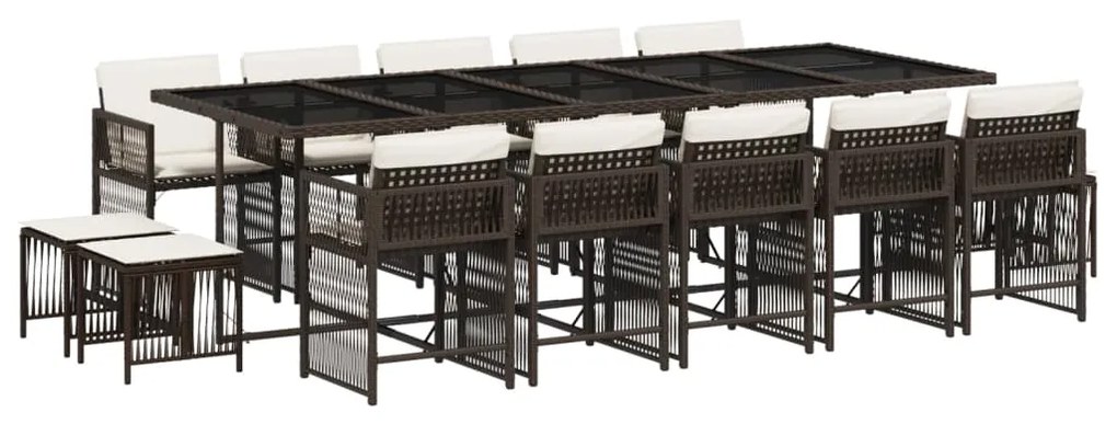 Set da pranzo da giardino 15 pz con cuscini marrone polyrattan