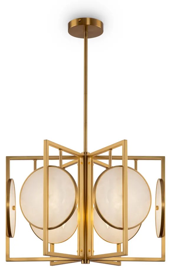 Lampadario Contemporaneo Marmo Metallo Oro 6 Luci Diffusori Bianchi