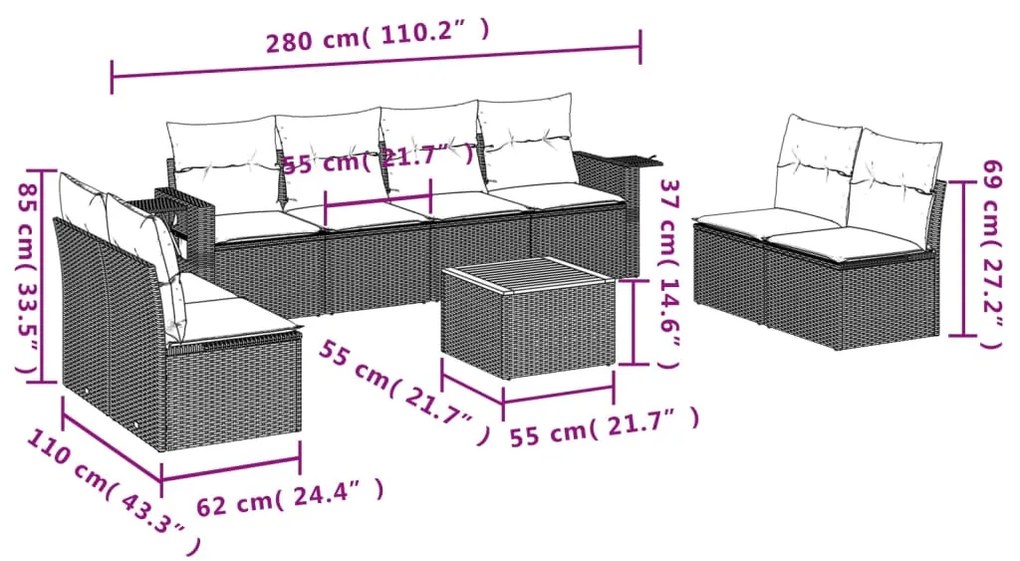 Set Divani da Giardino 9 pz con Cuscini Nero in Polyrattan