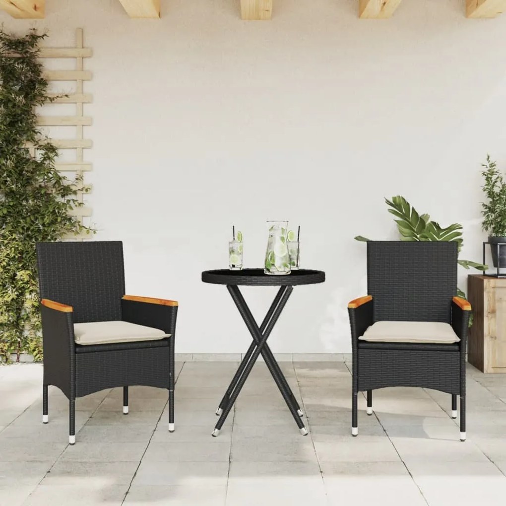 Set Da Bistrò 3 Pz Con Cuscini Nero Polyrattan E Vetro /