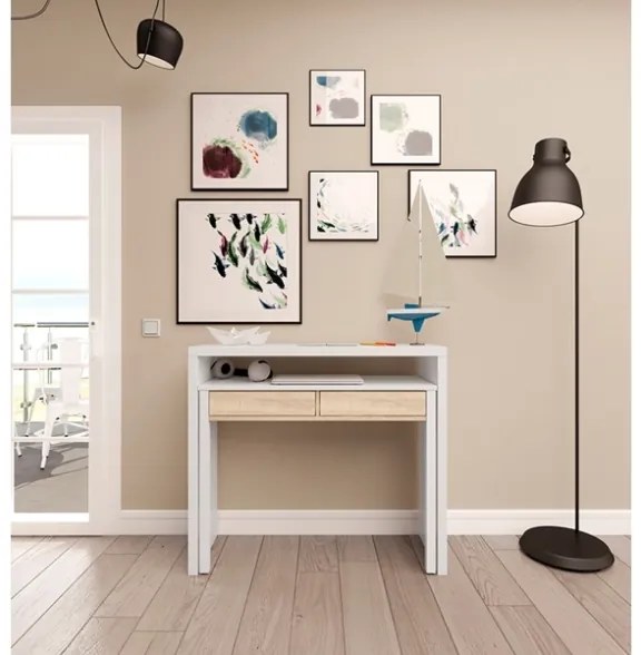 Scrivania Consolle Estraibile Salvaspazio 98x36x87 Cm Bianco E Rovere