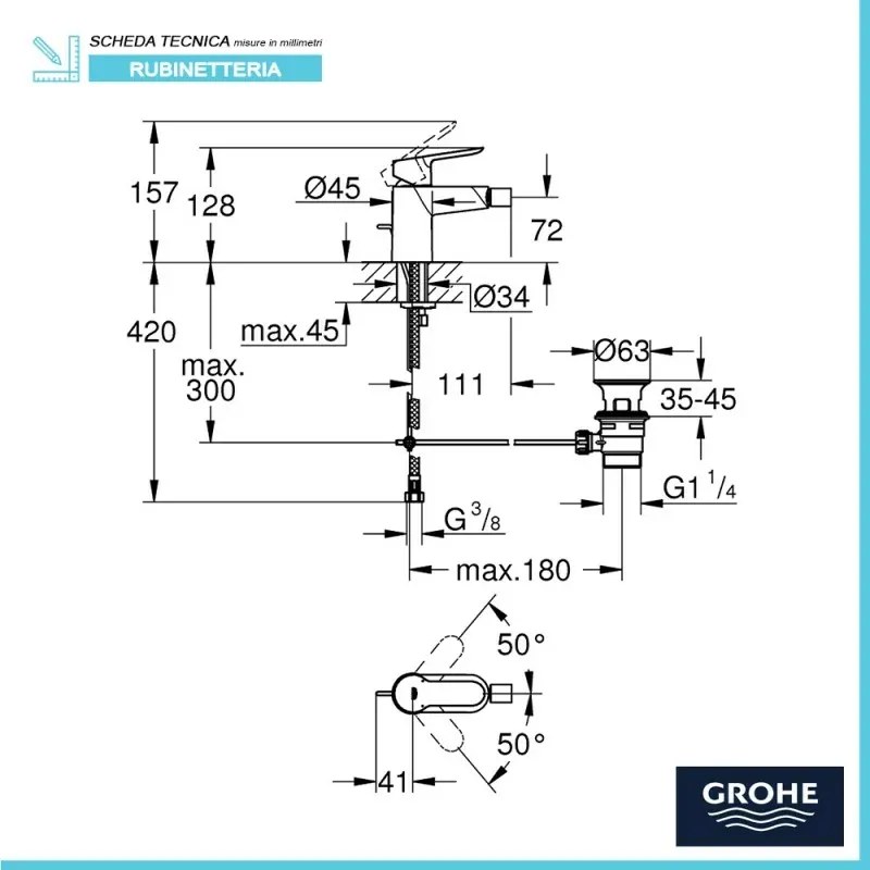 Rubinetto miscelatore bidet cromo Grohe Bauedge con piletta