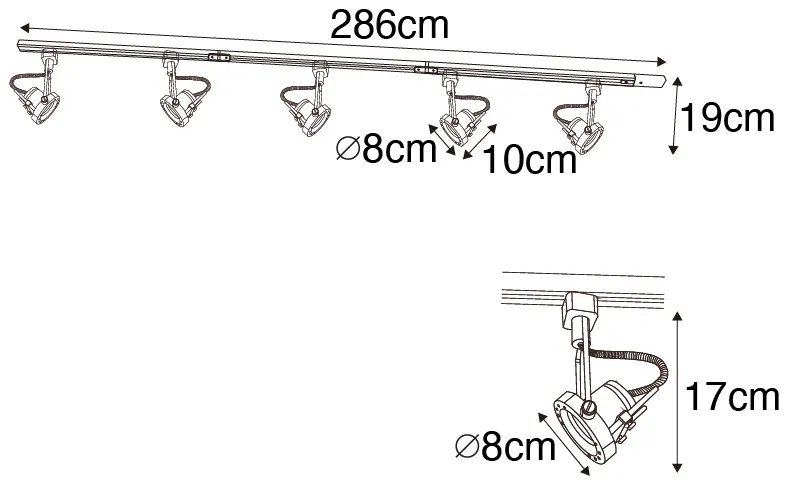 Sistema di illuminazione a binario moderno con 5 faretti nero 1 fase - Iconic Suplux
