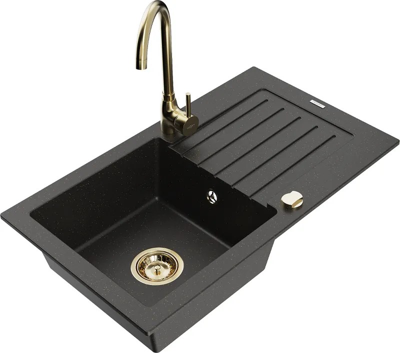 Mexen Pablo lavello da cucina in granito 1-vasca con sgocciolatoio e rubinetto da cucina Telma, nero/oro - 6510-75-670200-50