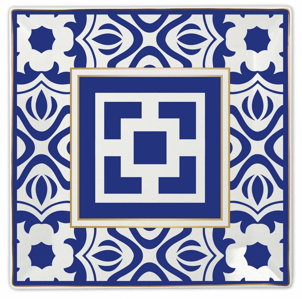 BACI MILANO piatto quadrato in porcellana decoro blu e bianco INFINITY cm 27 x 27