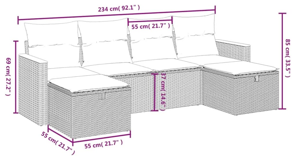 Set divano da giardino 6 pz con cuscini nero in polyrattan