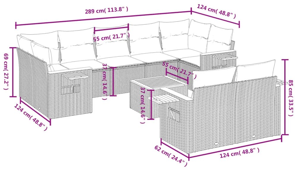 Set Divano da Giardino 10 pz con Cuscini Beige in Polyrattan