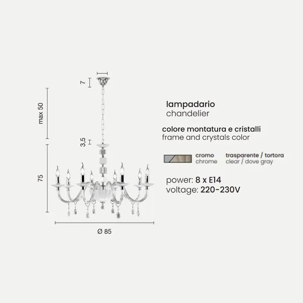 Lampadario sospeso LIVIA D85 cm in vetro e cristallo Tortora 8 luci