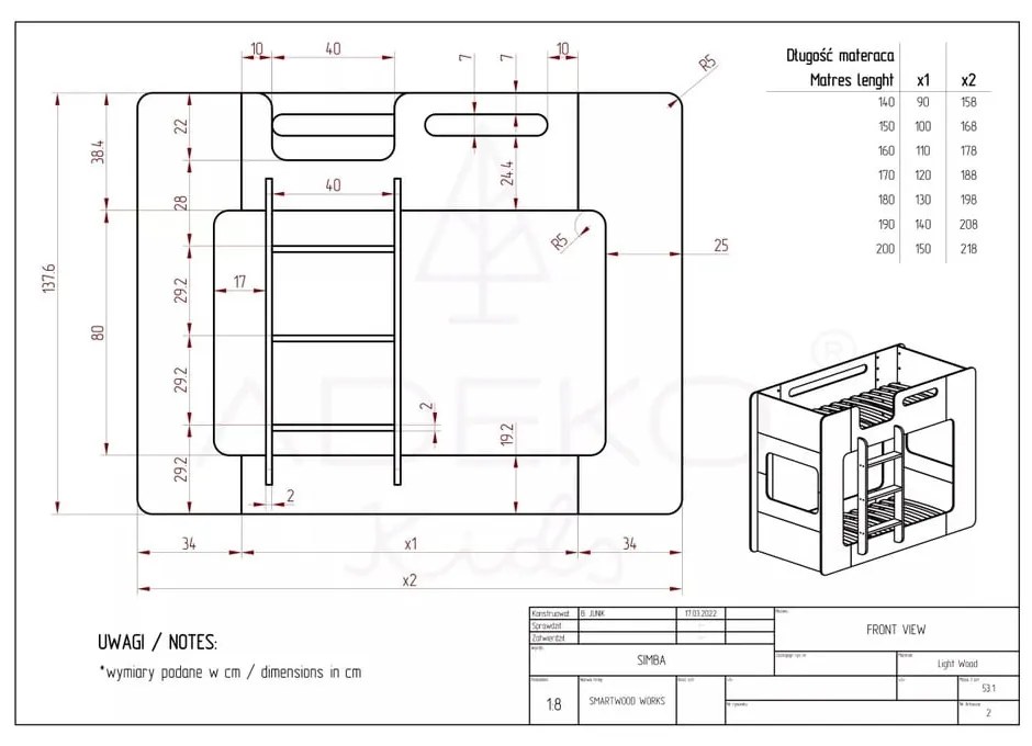 Letto a castello per bambini 70x140 cm Simba - Adeko