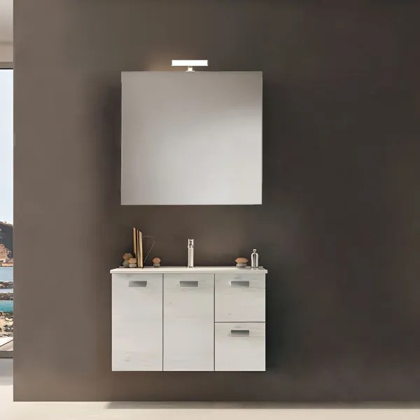 Mobile bagno sospeso 82 cm base 2 ante e 2 cassetti con lavabo ANGELA2 Quercia Bianco