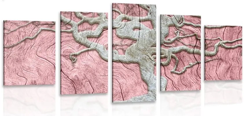 Quadri 5 pezzi – Albero astratto su legno con contrasto rosa