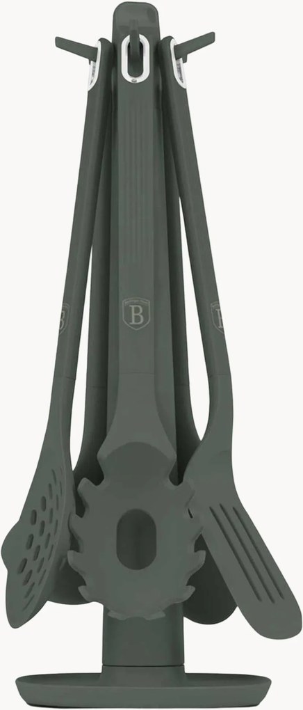 Set di 6 utensili da cucina in silicone verde opaco con supporto