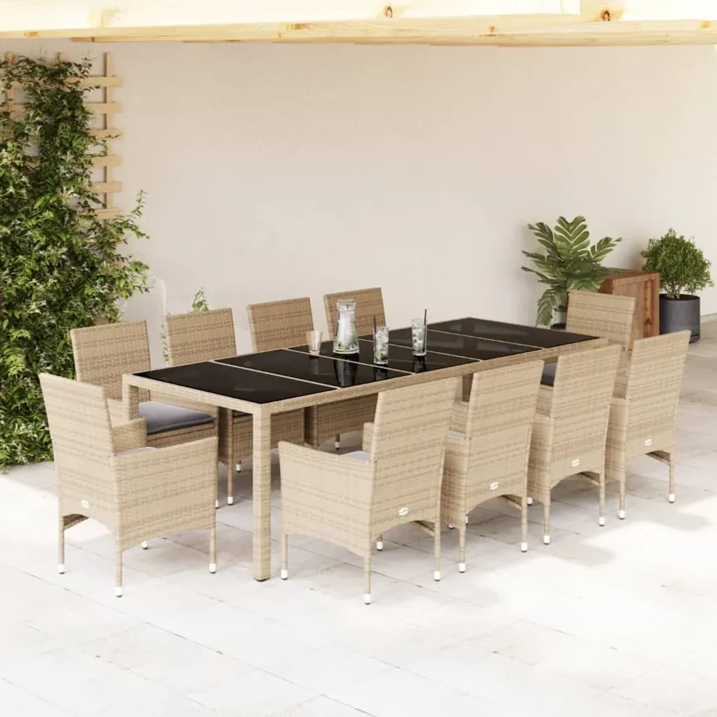 Set da pranzo da giardino 11 pz con cuscini polyrattan e vetro